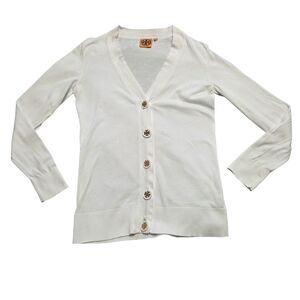Tory Burch Sweater Gold Logo Button Cardigan Sweater Cotton White Size Small